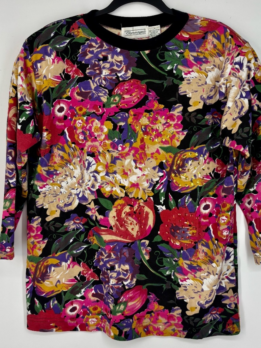 Shenanigans Womens Large Tunic T-Shirt Bold Multicolor Floral Sequins 3/4 Sleeve